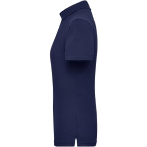 A navy blue ladies' workwear polo shirt with a short sleeve and a classic collar. It features a logo on the design.