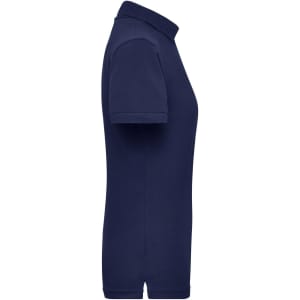 A navy blue ladies workwear polo shirt displayed from the side, featuring a collar and short sleeves.