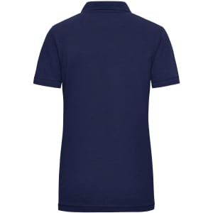 A navy blue ladies' work polo shirt featuring a collar and short sleeves, with a branding logo.