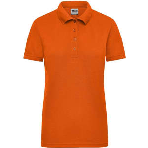 An orange ladies' work polo shirt featuring a classic collar and buttoned placket, with a logo on the chest.