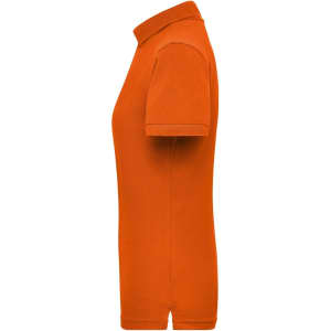 An orange ladies work polo shirt with a classic collar and short sleeves, featuring a logo.