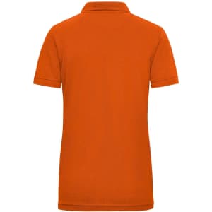 An orange ladies' polo shirt featuring a collar and short sleeves, with a branding logo on the back.