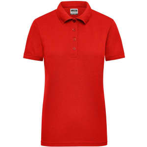 A red ladies work polo shirt featuring a collar and button-up neckline, with a brand logo present.