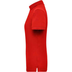 A red ladies workwear polo shirt featuring a classic design and a collar. It includes a logo on the fabric.