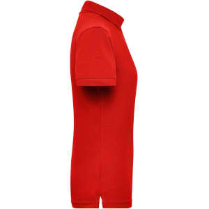 A red ladies workwear polo shirt with a classic collar and short sleeves, featuring a logo on the chest.