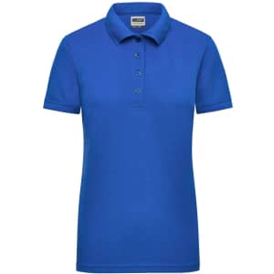 A blue ladies work polo shirt with a collar and short sleeves, featuring buttons and a logo.