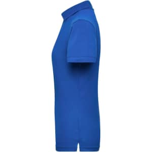 A blue ladies' workwear polo shirt featuring a collar and short sleeves, with a logo on the left side.