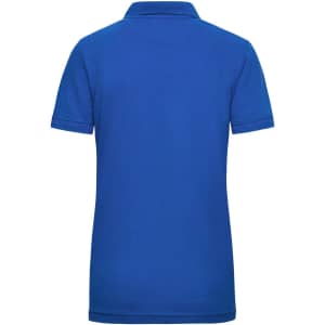 A blue ladies work polo shirt with short sleeves and a collar, featuring a logo.