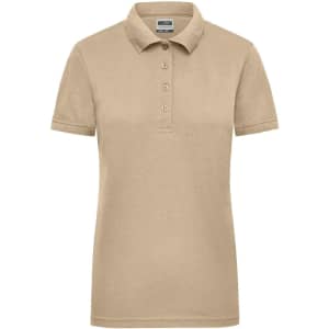 A beige ladies workwear polo shirt with a collared neckline and buttoned placket, featuring a logo.