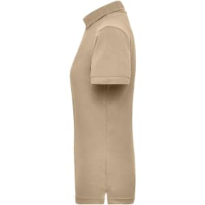 A beige ladies' work polo shirt with a collar and short sleeves, featuring a small logo.