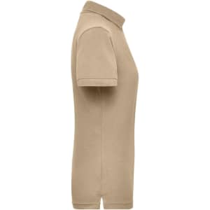 A beige ladies workwear polo shirt with a collared neck and short sleeves, featuring a logo.