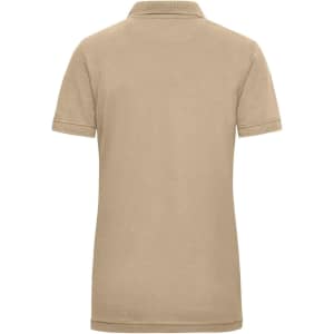 A beige ladies work polo shirt with short sleeves and a branded logo on the back.