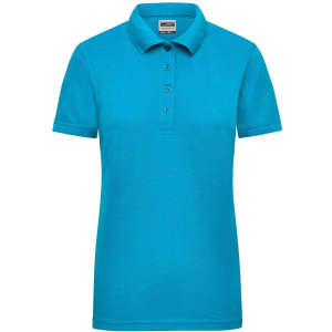 A ladies' polo shirt in bright turquoise, featuring a collar and four buttons. It has a logo on the chest.