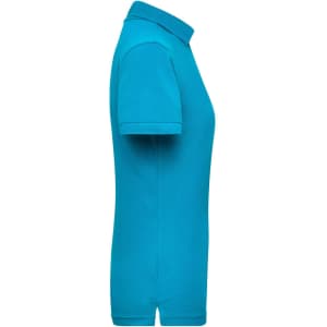 A turquoise ladies' polo shirt featuring a collar and short sleeves, with a logo on the chest.