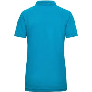 A turquoise ladies workwear polo shirt displayed from the back, featuring a collar and short sleeves. It includes a logo.