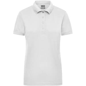 A light grey ladies' work polo shirt with a collared neckline and short sleeves, featuring a logo.