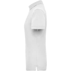 A plain white polo shirt with a collar and short sleeves, featuring a small logo on the side.
