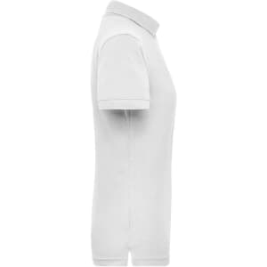 A white polo shirt with a collar and short sleeves, featuring a logo on the side.