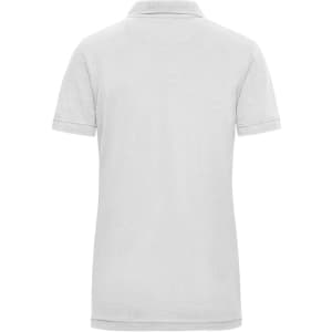 A women's short-sleeved polo shirt in light grey with a back view. The shirt features a logo on the back.