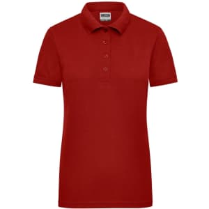 A red ladies workwear polo shirt with a classic collar and a button placket, featuring a logo.