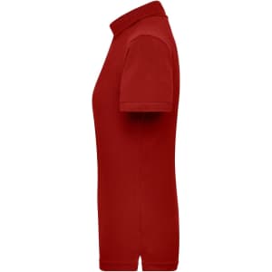 A red ladies work polo shirt featuring a classic collar and a fitted design. It has a logo on the side.
