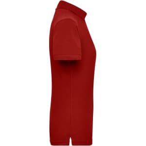 A red polo shirt with a collar and short sleeves, featuring a logo on the front.