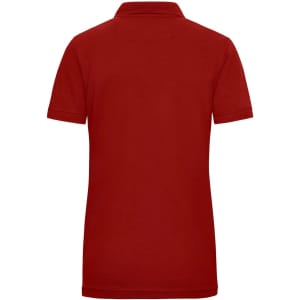 A red polo shirt with a folded collar and short sleeves, featuring a logo on the left side.
