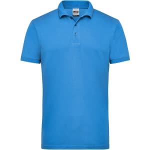 A bright blue men's polo shirt with a collar and three-button placket, featuring a logo on the chest.