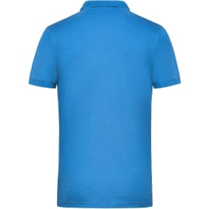 A blue men’s workwear polo shirt, featuring short sleeves and a collar. The back is plain with a logo.