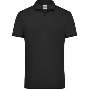 A black men's work polo shirt featuring a classic collar and a logo.