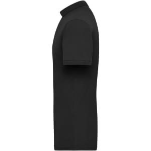 A black men's workwear polo shirt in a side view display, featuring short sleeves and a classic collar.