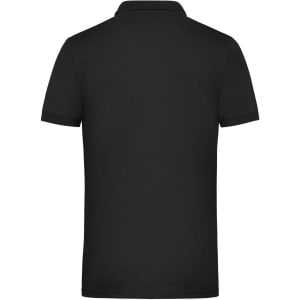 A black men's work polo shirt featuring a simple design and a logo on the back.