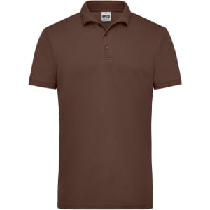 A brown men's workwear polo shirt featuring a classic collar and short sleeves, with a branding logo.