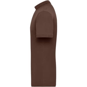 A brown men's workwear polo shirt featuring a classic collar and short sleeves. The shirt has a logo on it.