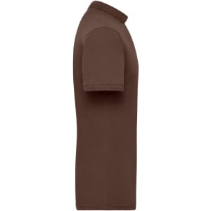 A brown men's work polo shirt with a classic collar and short sleeves, featuring a logo on the chest.