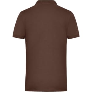 A brown men's work polo shirt with a classic collar and a logo on the back.