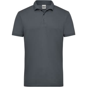A grey men's work polo shirt with a collar and three buttons, featuring a branding logo.