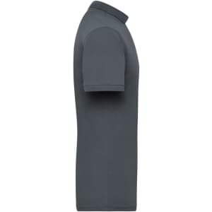 A grey men's workwear polo shirt displayed from the side, featuring a collar and short sleeves. It has a logo.