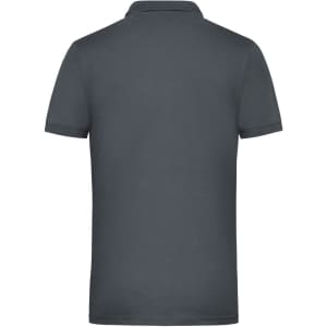 A grey men's work polo shirt featuring a classic design and a logo on the back.