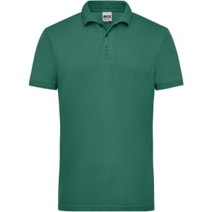 A green men's work polo shirt featuring a classic design and a logo on the chest.