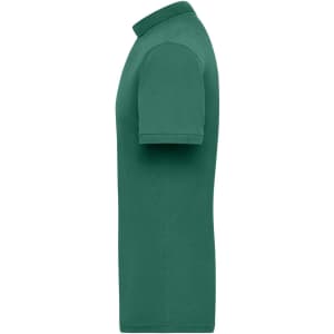 A green polo shirt displayed from the side, featuring a collar and short sleeves. It has a logo on it.