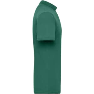 A green men's workwear polo shirt featuring a classic polo design and short sleeves. It has a logo on the chest.