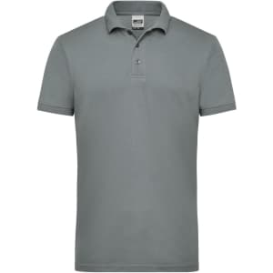 A grey men's polo shirt featuring a classic collar and button placket. It has a small logo on the chest.