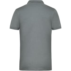 A grey men's workwear polo shirt featuring a collar and short sleeves, with a logo on the back.