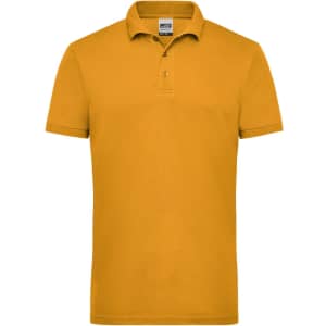 A mustard yellow men's polo shirt with a collar and three buttons, featuring a logo on the chest area.