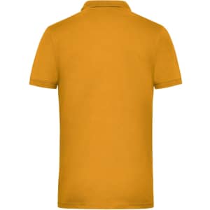 A mustard yellow men's polo shirt featuring a flat collar and short sleeves, with a logo on the back.