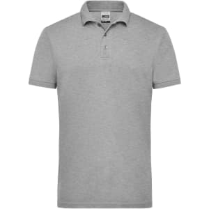 A grey men's polo shirt with a classic collar and short sleeves, featuring a branded label.