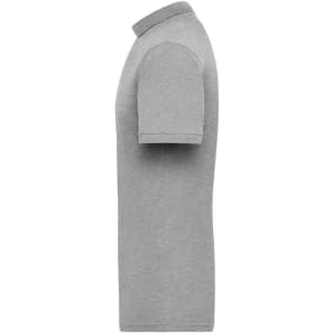 A grey polo shirt with short sleeves and a collar, featuring a logo on the chest.