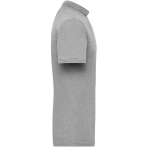 A grey men's work polo shirt featuring a collar and short sleeves, with a branding logo.