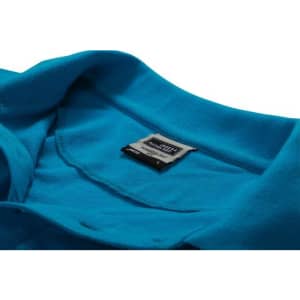 A turquoise polo shirt with a collar and a tag visible inside the neckline, featuring a logo.